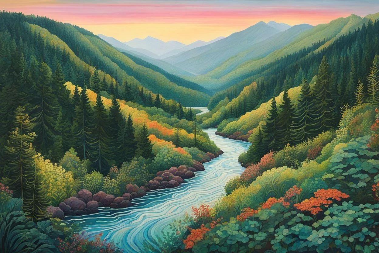 a dramatic, highly detailed painting of a lush Pacific Northwest forested river valley landscape in the pale light of dawn, in the style of David Hockney, and Sam Lewis Francis mixed with random Zentangle patterns, rich natural colors, museum quality masterpiece