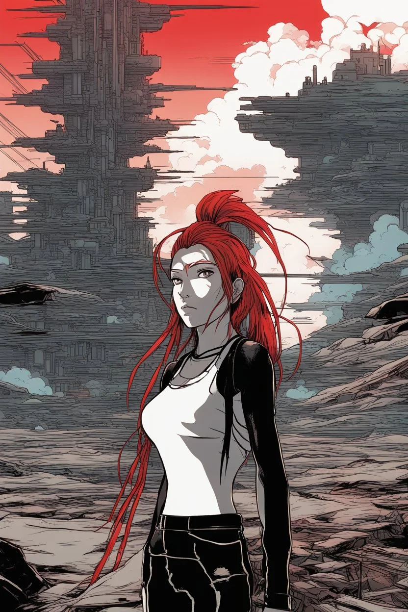 Dark outline line art anime style of a silhouette of a cyberpunk-inspired woman standing in front of a landscape shot of an active war zone with distant explosions, light black and red long hair, light blue eyes, short red and white tank top, (looking intently at viewer), (viewer from low ground level view with focus on eyes), (inspired by Cyberpunk mixed with Fate: Grand Order), (vibrant colors with dark outlines and shadows), (explosions and smoke in synthwave background), (giant planet in far