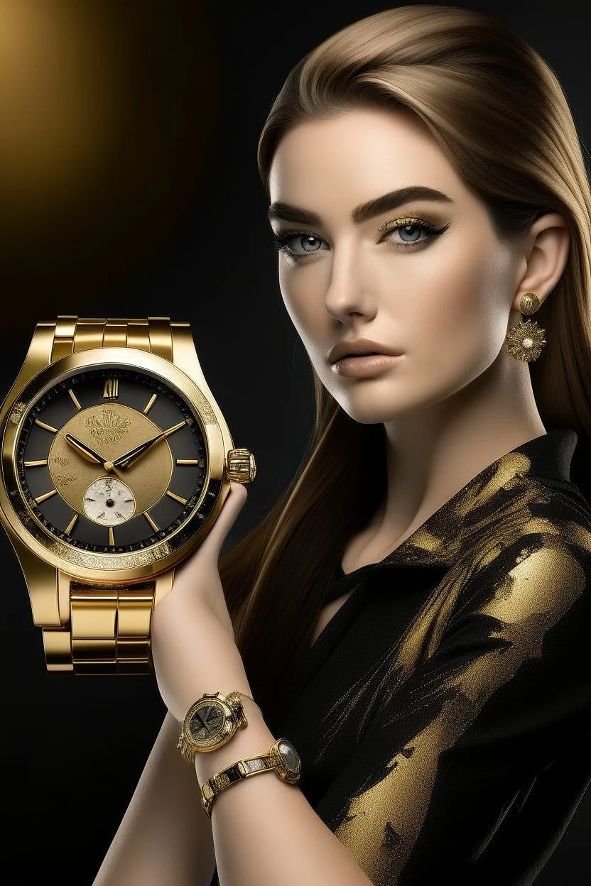 Generate an image composite featuring a well-known celebrity or influencer wearing a solid gold watch, associating the timepiece with a glamorous lifestyle.