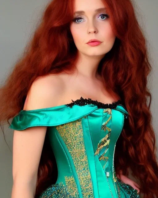 Magic princess with long auburn hair in a big teal green and gold satin ballgown corset off shoulder top casting magic