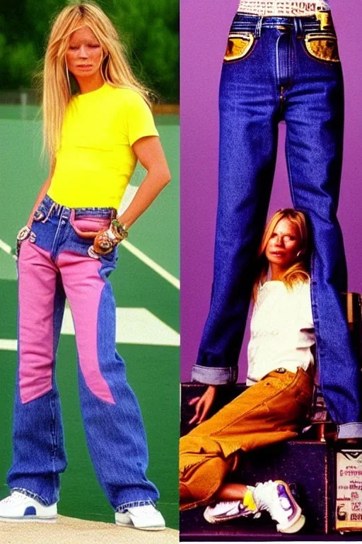 year 1996 denim fashion. Loose fit, low waist, baggy. Colors: denim blue, blue, purple, khaki, light green, lilac, plum, orange, terracotta, red, light yellow, lion yellow, pink, dark blue, beige. Women models. Jennifer Lopez, Kate Moss, Gwyneth Paltrow. Big tennis shoes on.