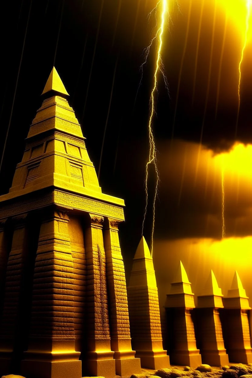 Yellow spires with thunder and lighting designed in ancient Egyptian hieroglyphics