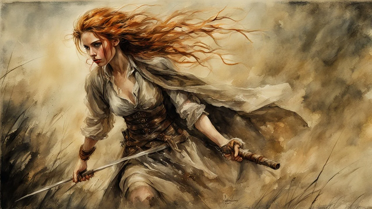 Hyper-photorealistic watercolor art style by Luis Royo, ginger-haired woman with natural skin tones, hyperdetailed face, full body diagonal shot, encounters male bandits in dark fantasy countryside setting, absence of mysterious elements, dramatic lighting, ultrafine detail, octane rendering., by Leonid Afremov & William Kentridge & Anna Razumovskaya