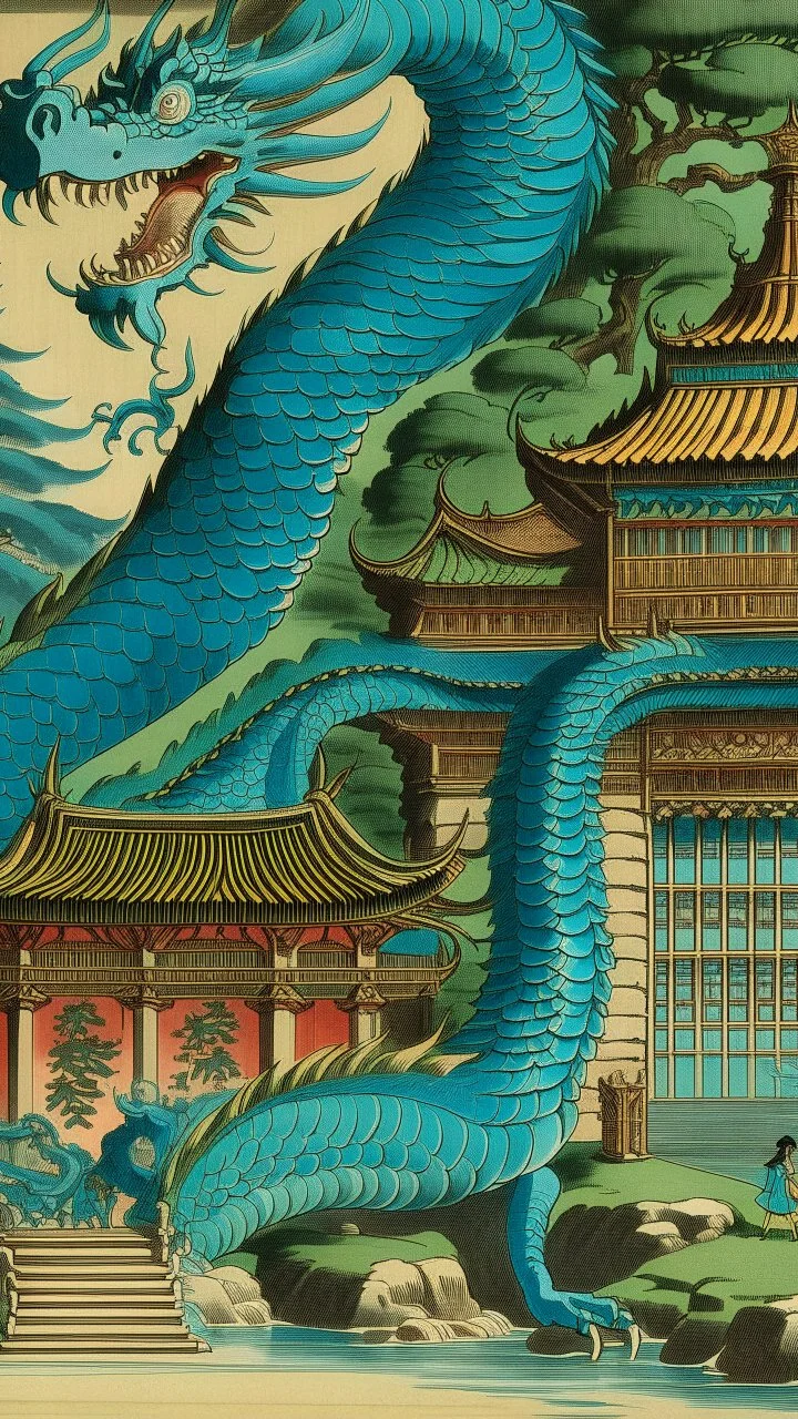 A cerulean blue palace with a dragon guarding it painted by Utagawa Hiroshige