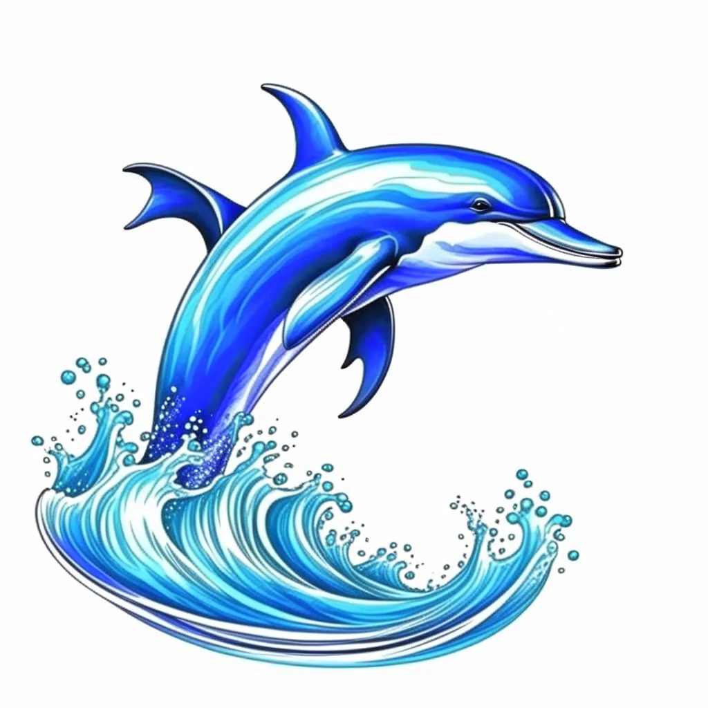 realistic drawing of a dolphin. Blue dolphin, jumping in waves.