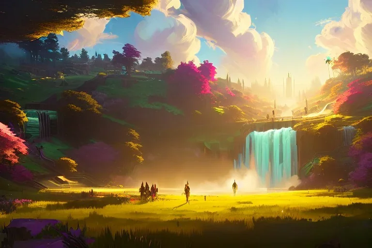 golden waterfall falling from clouds into meadow,epic, hyper detailed, digital painting, elegant, centered, detailed, neon signs, 8k, shining, heaven, many happy people, dampf,