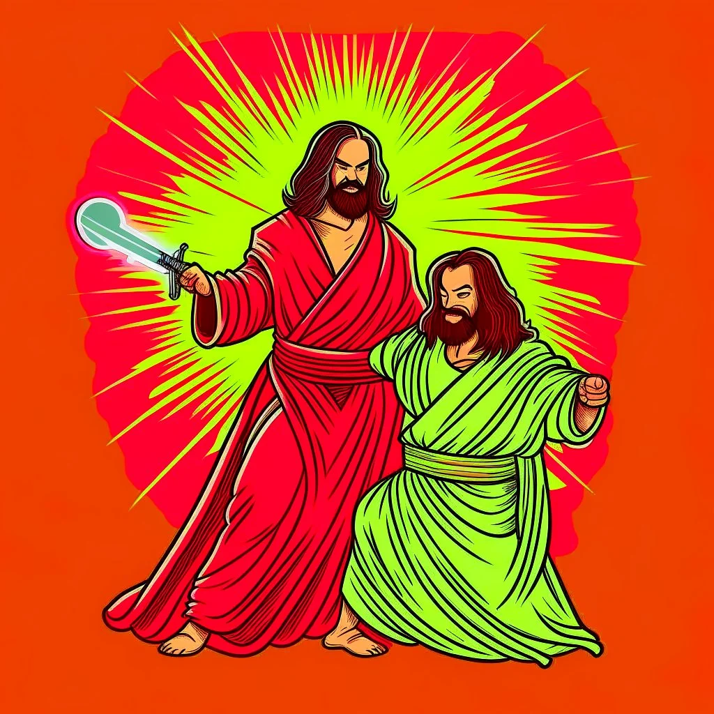 Jesus with a lightsaber opening the belly of the devil