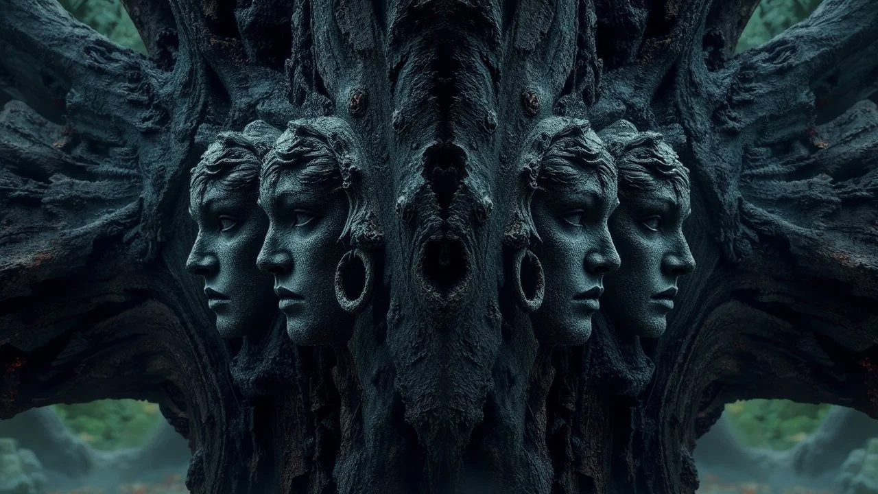 Photorealistic gorgeous point-symmetrical shot of dark bark texture with many ancient female elven goddess faces shaped in the bark. Mist rising from the lower part and across the width of the image. forgotten realms fantasy style by lee jeffries, otherworldly, in the style of fantasy movies, shot on Hasselblad h6d-400c, zeiss prime lens, bokeh like f/0.8, tilt-shift lens, 8k, high detail, smooth render, unreal engine 5, cinema 4d, HDR, dust effect, vivid colors