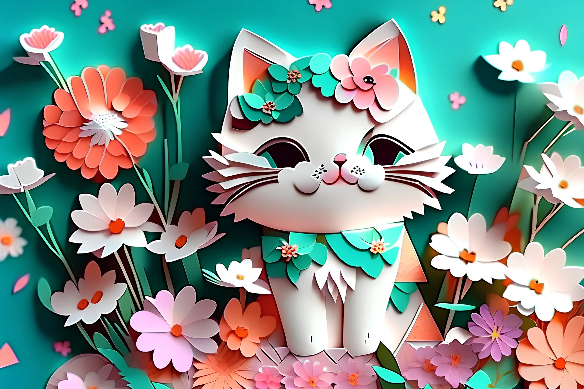paper art, chibi cute cat, flowers altos detalles, 4K high details , full body --auto --s2, good details, funny