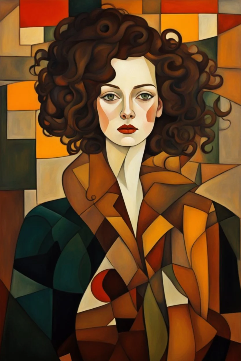 Woman in the cubism style of argon Schiele + Gustav Klimt. Rich, lovely colors, full cubism style