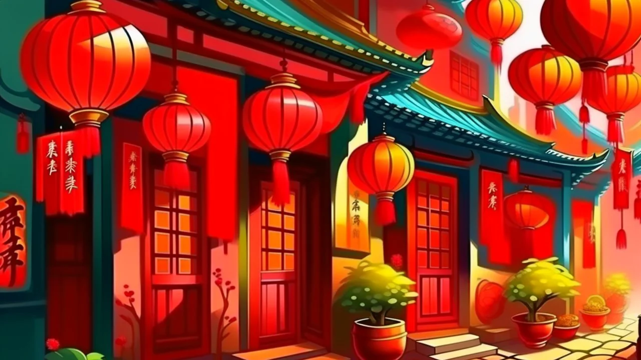 fantasy cartoon style illustration: red lanterns and red decorations on doors and windows in a Chinese village