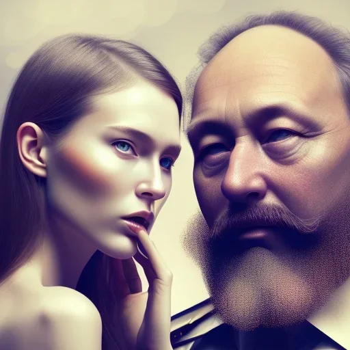 a young woman sitting next to a 50-year-old man with beard, portrait, 8K, close-up face, anatomically perfect face, Highly detailed stunning full frame portrait, misty and cloudy atmosphere