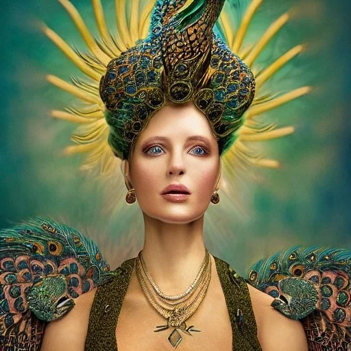 portrait of woman queen of peacocks, stunning, beautiful, gorgeous, realistic, photo illustrative, ornate, 8K resolution, high-quality, fine-detail, digital art, detailed matte, brian froud, howard lyon, selina french, anna dittmann, annie stokes, lisa parker, greg rutowski,