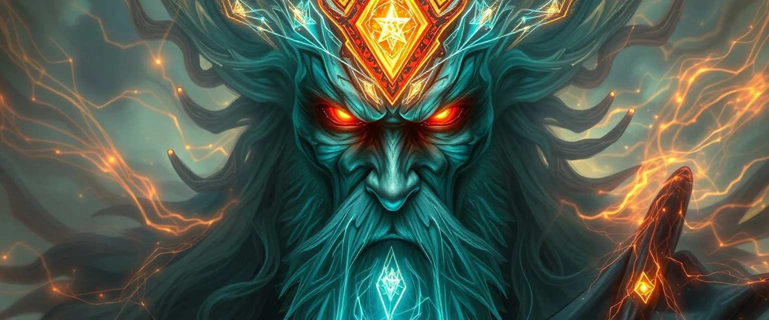 close up portrait of a plasma king flickers like hypnotic fire in geometric shapes like a dna swirl of time and a fearsome planeswalker