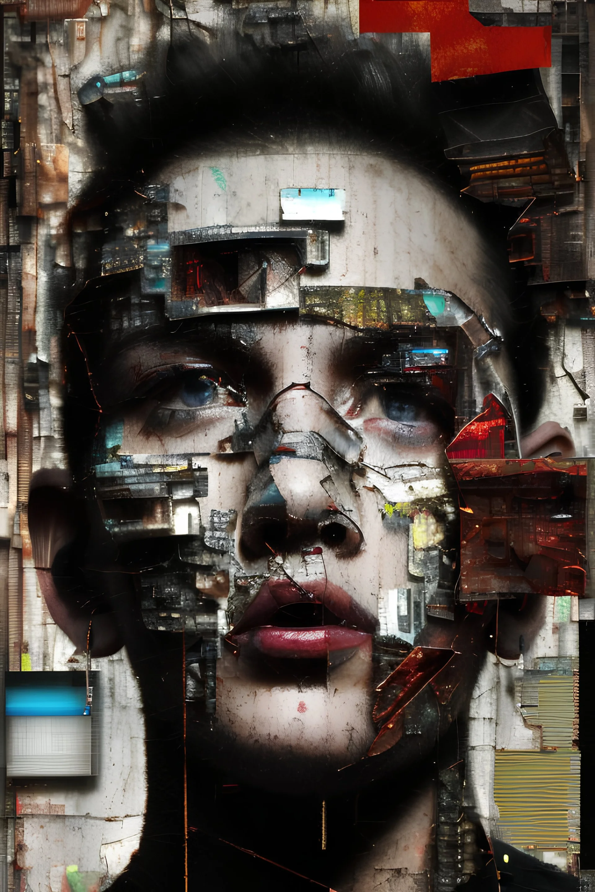 Ultra detailed medium portrait painting of close-up disturbed person looking into the camera lens , torn up collage of clippings, broken circuitry background, matrix effects, punk visual art, punk art aesthetic, graffiti art, pop surrealism, collage art, cluttered paint glitches