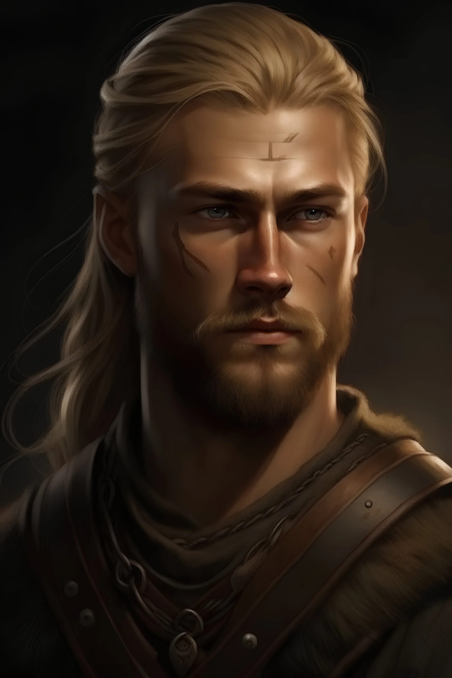 a very buetiful viking like man but realistic and young. With light hair