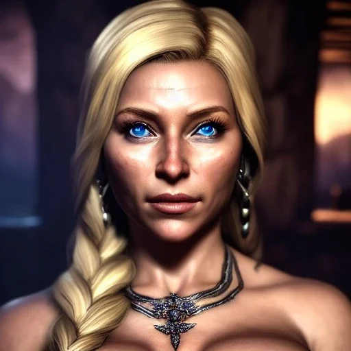 Ultra detailed fullbody Portrait in oil on canvas of Skyrim beautiful busty female Viking GreatHall ,extremely detailed digital painting,ultrarealistic skin,intense stare, extremely detailed face, crystal clear eyes, mystical colors ,perfectly centered image, perfect composition, rim light, beautiful lighting,masterpiece ,8k, stunning scene, raytracing, anatomically correct, in the style of Simon Bisley and Ohrai Noriyoshi and robert e howard and Steve Jung and Wizyakuza and uncannyknack.