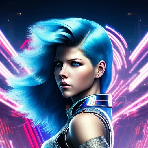 Katheryn Winnick, Cyborg anime warrior, cyberpunk, light red blue short hair, pixie hairstyle, cobalt eyes, waist up portrait, 8k resolution, retroanime, intricate details, neon details, soft lighting, vibrant colors, masterpiece, intricate eyeliner, dark eyeshadow, eyes, intricate tattoos, gradient background