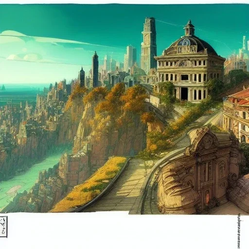 Skyline+city on inslands+Trainstation on cliff+Vignola classicism +palladio+detailed facades+uphill road+trees+ biopunk+Book illustration by Gediminas Pranckevičius, Jean Baptiste Monge, Brian Kesinger, Anton fadeev, Kilian Eng, strong lines, high contrast vibrant colors, highly detailed, 16k resolution, trending on behance