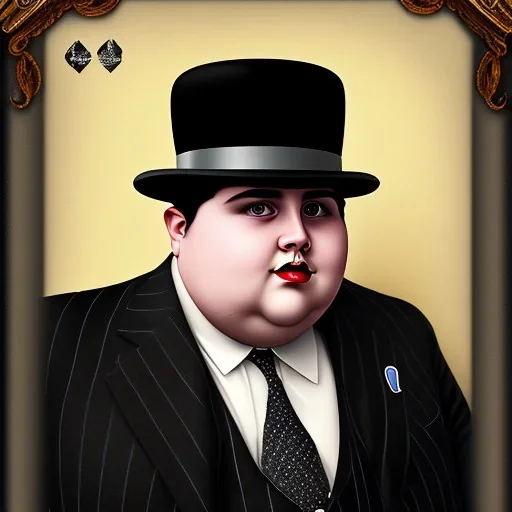 A portrait of a 1930s Italian-American businessman in his late 20s with a black bowler hat and a suit. He is obese and has black hair