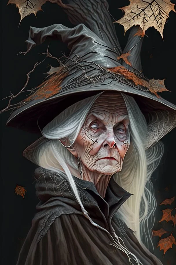 Old White-haired Witchery Witch in her pointed hat ready for the Coven in rusty autumn leaves and silver cobwebs. with burnished browns and abyss black.