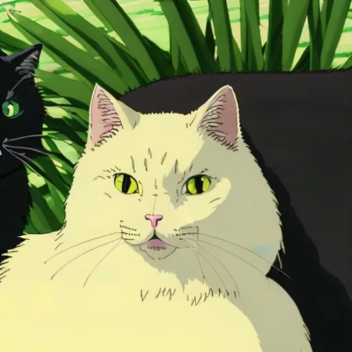 Portrait of two cats, one fluffy tuxedo cat sitting near a black cat with yellow eyes