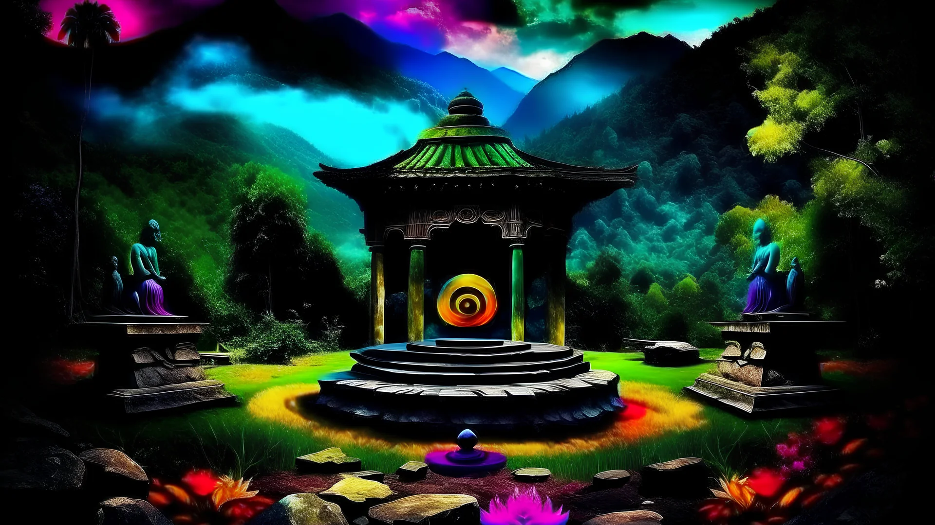 meditation round podium . my dreams . day landscape day landscape, chakra colors, In the garden my mind bows . meditation .The ruins of a village in the midst in the jungle , mountains. space color is dark , where you can see the fire and smell the smoke, galaxy, space, ethereal space, cosmos, panorama. Palace , Background: An otherworldly planet, bathed in the cold glow of distant stars. Northern Lights dancing above the clouds in papua new guinea.
