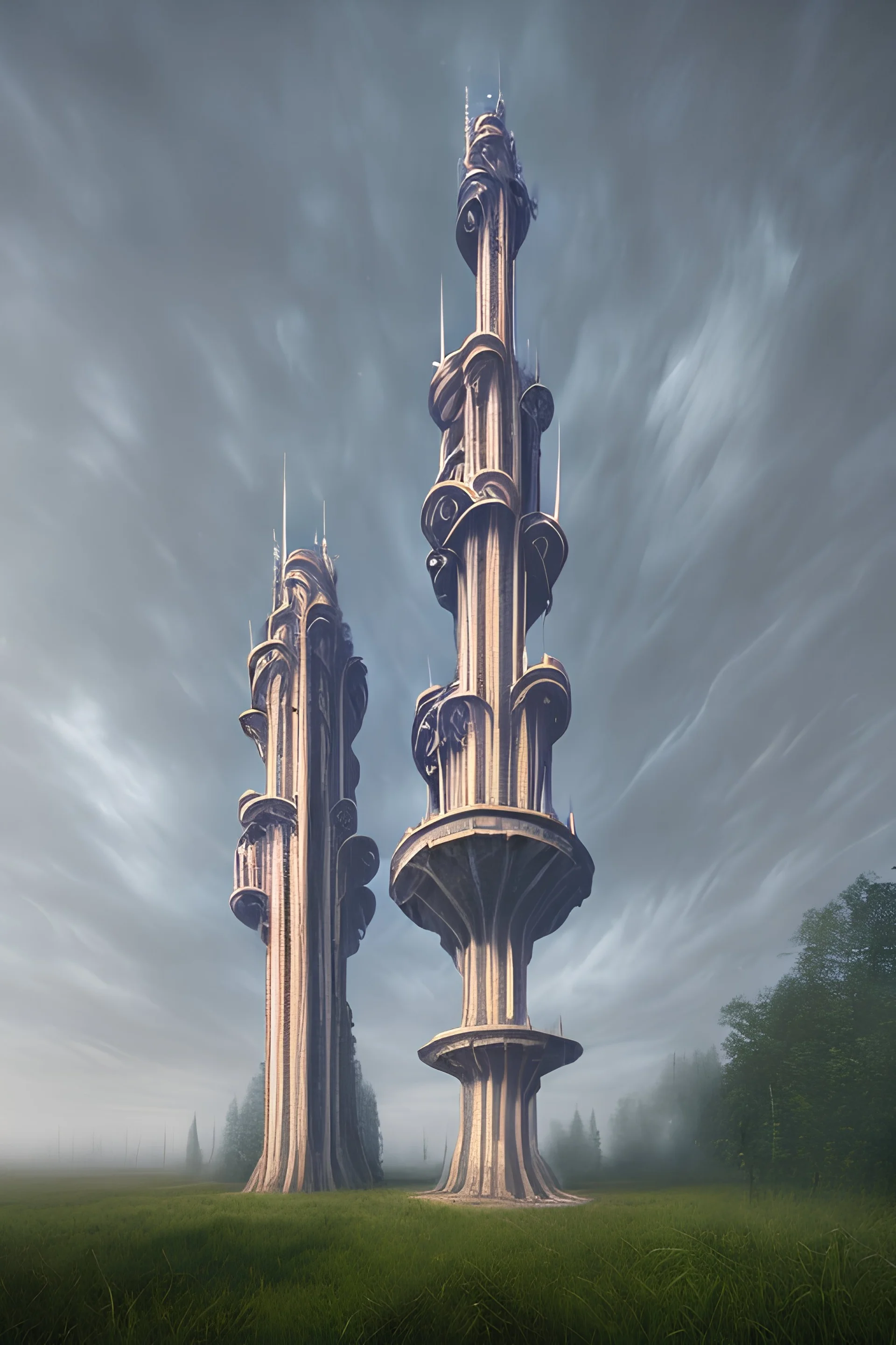 photorealistic landscape photography of a two symmetric creepy towers covered in many thin vines. dark atmosphere, scary eye looking from the sky