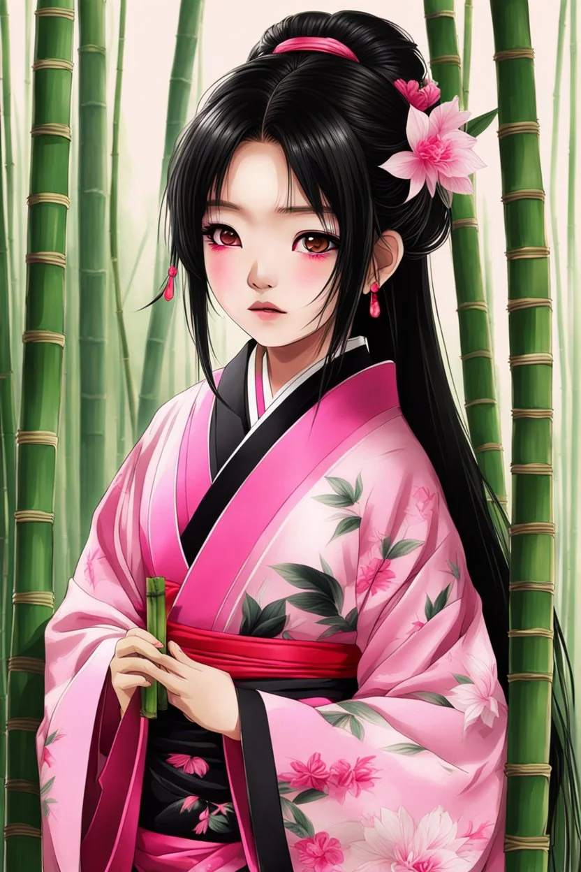 Cute Japanese girl, with pink eyes, dressed in her pink kimono and a black haori, black long hair with reddish tips, a piece of bamboo covering her mouth