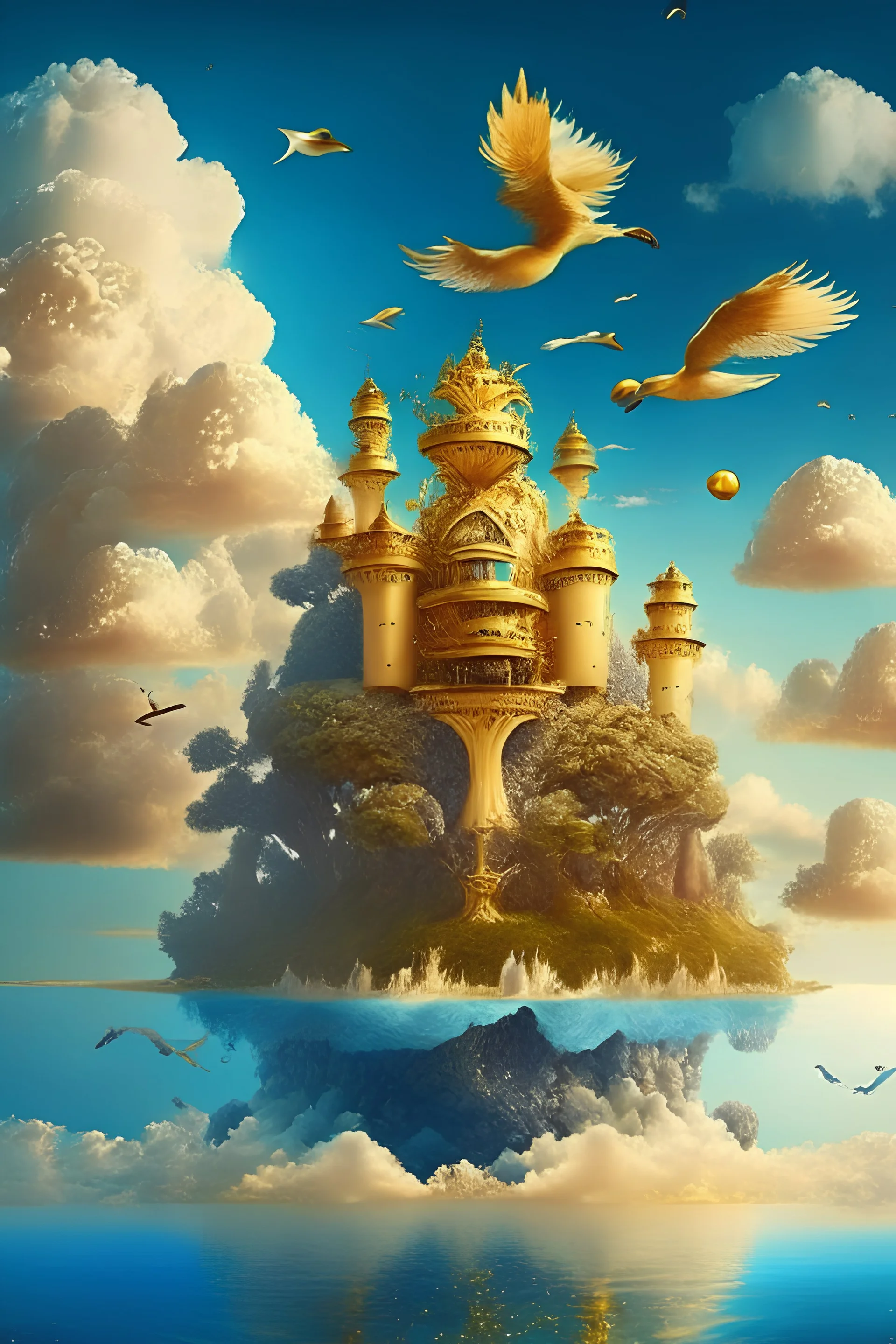 A golden castle in the middle of the sea surounded with the trees and big fruits , the clouds above and beautiful sky and birds ,The sea is fantastic...like paradise