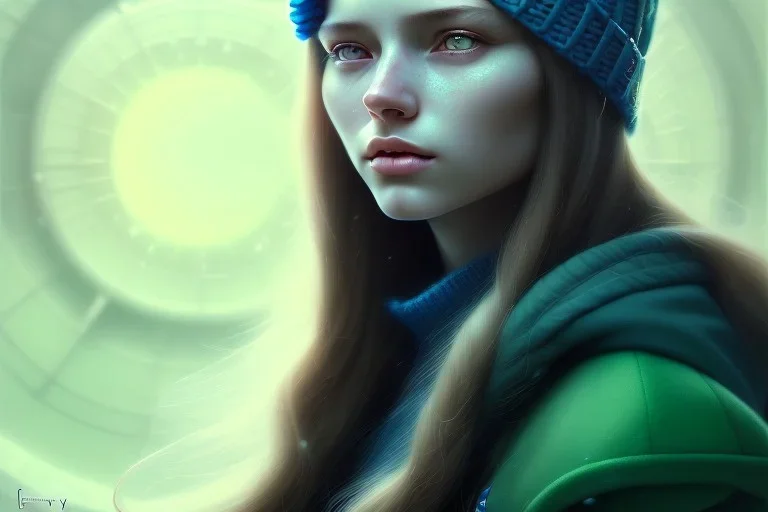 girl, cute, beautiful, long hair, wavy hair, green hair, blue eyes, blue beanie, blue coat, black tee shirt, head and shoulders portrait, 8k resolution concept art portrait by Greg Rutkowski, Artgerm, WLOP, Alphonse Mucha dynamic lighting hyperdetailed intricately detailed