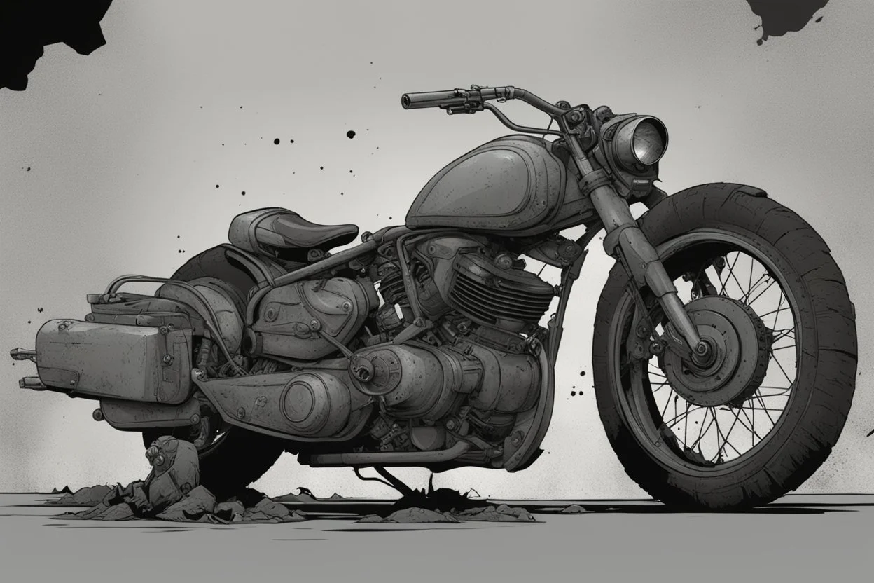 motorcycle, comic book,post-apocalypse, gray background,
