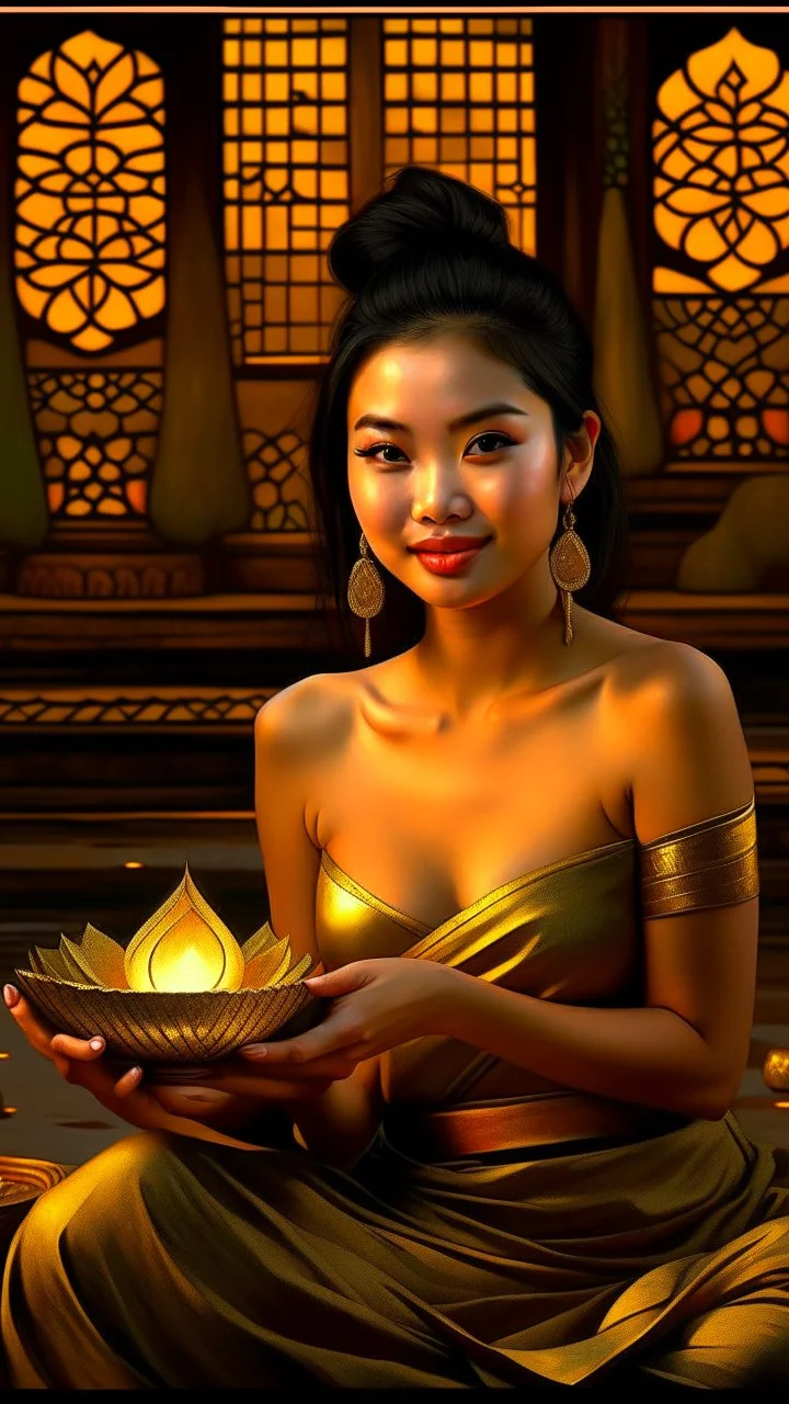 (((Nang Kwak))) is a Thai woman, beautiful face, wearing a loincloth. wear jewelry Hair styled in the traditional Dok Krathum style, sitting with a squat fold, left hand resting on the lap. There is a bag of money on the hand. Right hand raised in a calling gesture. Oil painting, realistic, wide angle,thai spirit