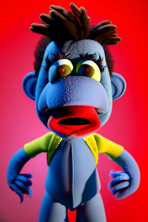 Waist up muppet Portrait, Nicolas maduro us muppet doll, tracksuit red blue and yellow, mustache, photo studio, red background, unreal engine 5, concept art, art station, ray tracing, lumen lighting, ultra detail, volumetric lighting, 3d.