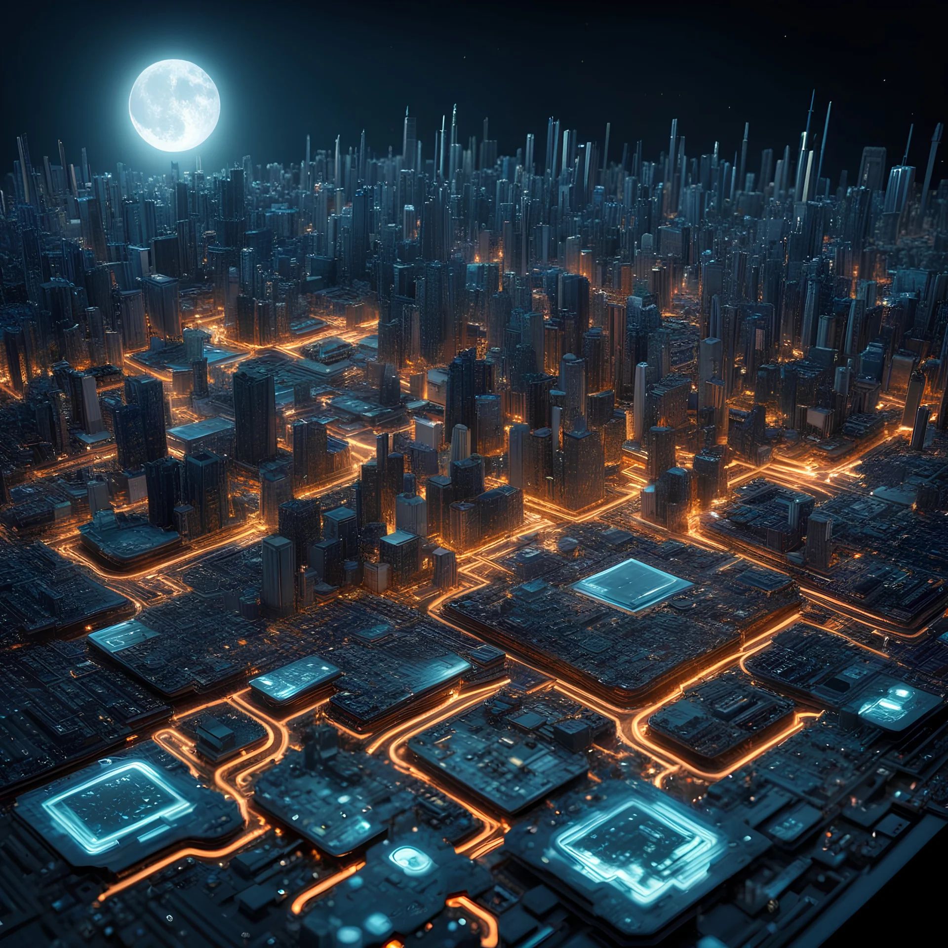 futuristic photo realistic Landscape of city made of circuit board computer chips, night time , realistic high detail, stary night