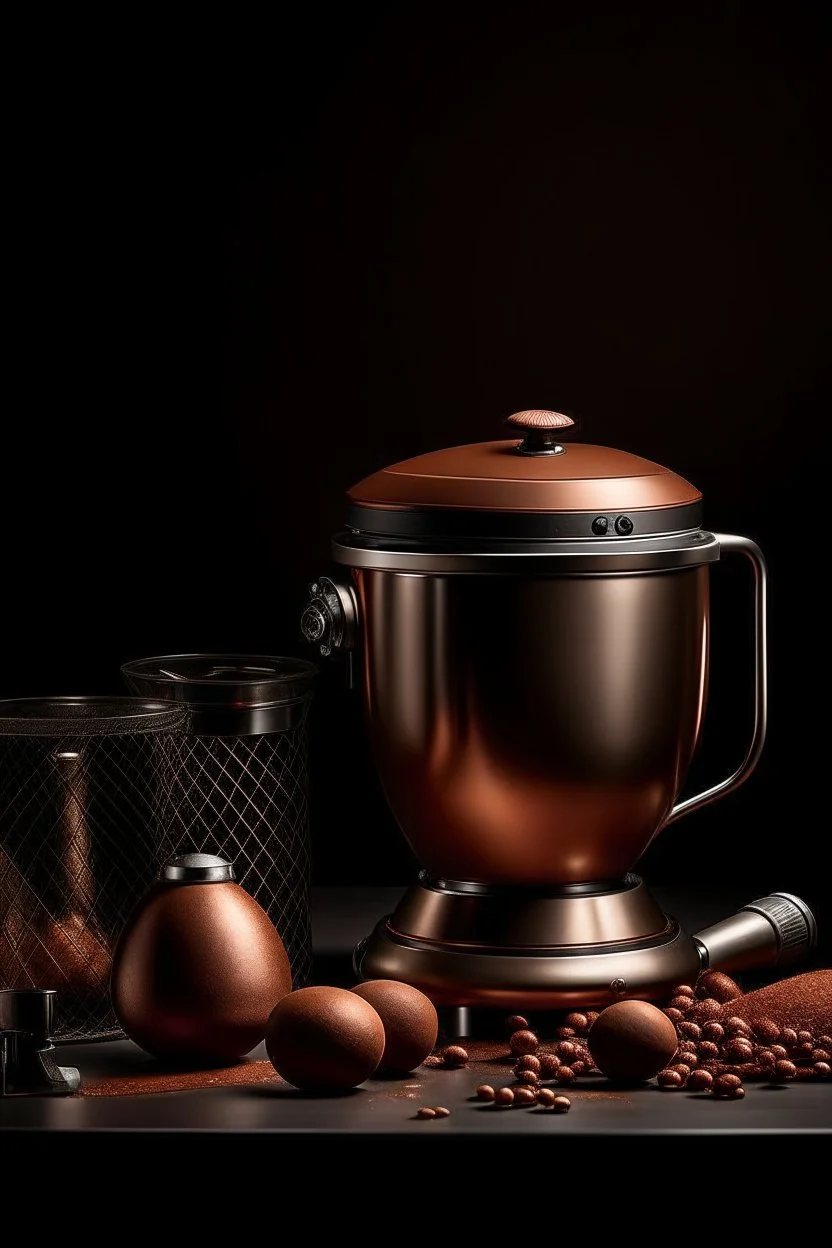 Please produce a photo of an electric mixer inspired by copper, which is a new photo and for the cover of a poster, please be kitchen appliances. The number of items should be less