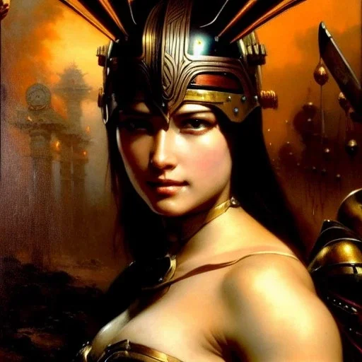 portrait ' beautiful busty Female Warrior',ancient metal armor and Helmet ,painting by gaston bussiere, greg rutkowski, yoji shinkawa, yoshitaka amano, tsutomu nihei, donato giancola, tim hildebrandt, oil on canvas, cinematic composition, extreme detail,fit full head inside picture,16k