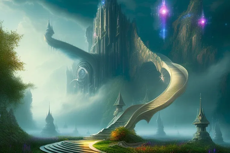 mythical mystical long stairway up to heaven in the sky, otherworldly atmospheric mist, beautiful colours, fine art, trending on artstation, masterpiece