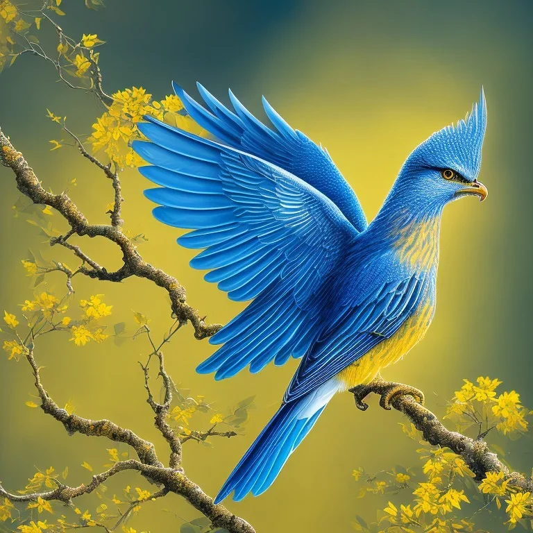 a detailed illustration of a yellow and blue phoenix sitting on a branch of a tree, phoenix bird wallpaper, luminescent body, glinting wings, full body, symmetrical body, realistic, glowing wings, sharp focus, meticulously detailed, soft evening sky, 64k