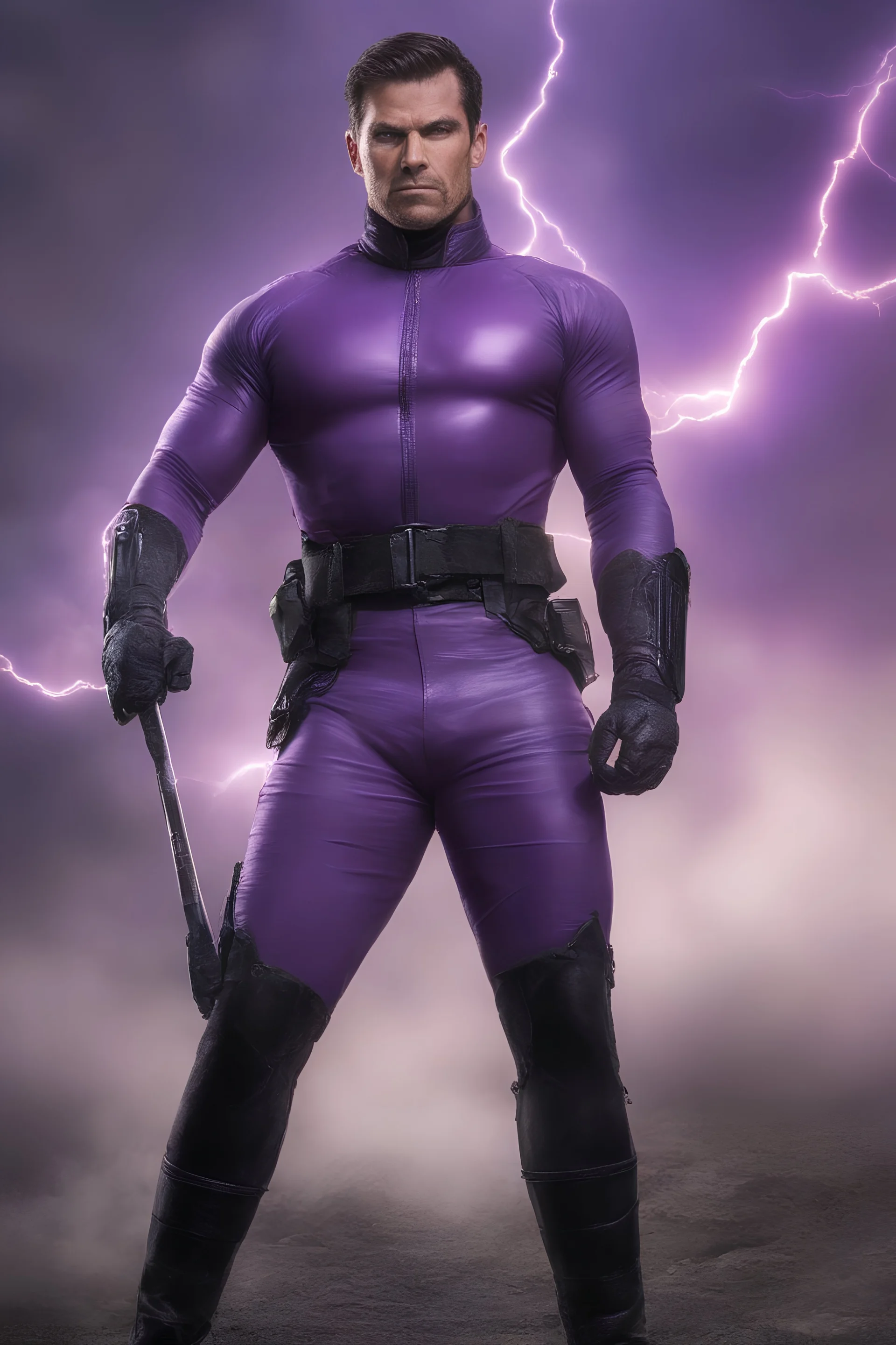 Kent Walker aka THE PHANTOM, Strong, athletic physique, Flexing poses, skin-tight, formfitting purple nylon-leather bodysuit, skin-tight, formfitting purple cowl, black utility belt, double holstered pistol belt, black knee-high boots, glowing white eyes, battle scars, blood, ((foggy, cloudy background, multicolored lightning, flowing lava, Full Eclipse, aliens, explosions, bright, vibrant, extremely colorful, detailed, blood red skies))