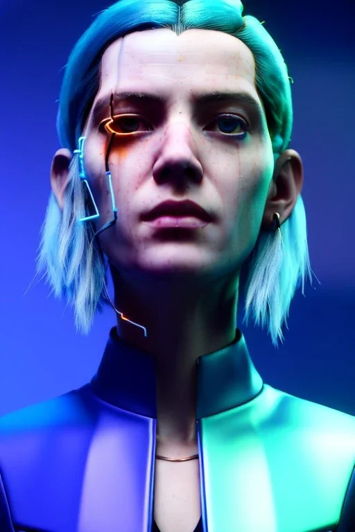 Cyberpunk portrait, pretty British woman:: symmetry photography, cyberpunk, blue long hair, face make-up, black line eye, light iris eye, :: kenzo fashion style, coat :: cinematic, Ultra realistic, dark scene, soft color, highly detailed, unreal engine 5, RTX, ultra detail, 3d, finely drawn, high definition.