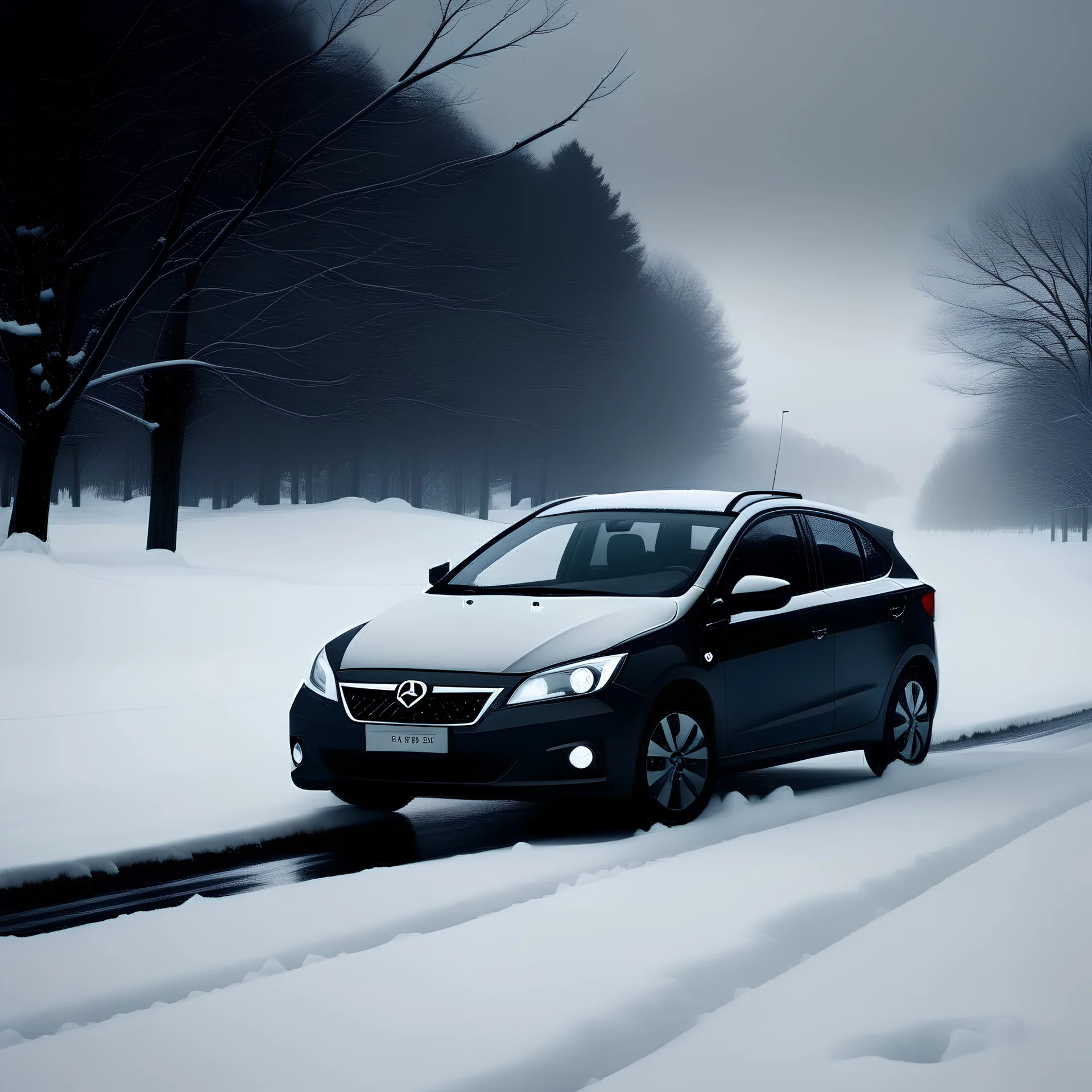 a picture of a landscape with deep snow and a very bad snowstorm goin, and a dark grey 2010 Hyundai i30 crdw classicwith a snow flurry moundted on the front, driving through deep snow, and all the snow from the road is removed by the snow flurry