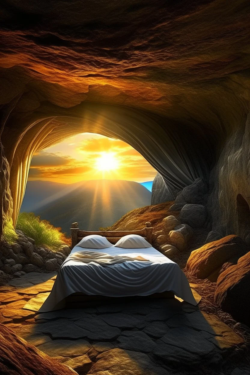 Imagine a surreal landscape at sunrise with a cave tomb in the side of the hill with two winged angels guarding it and a stone slab rolled back from the entrance. Inside the cave you can see a shroud folded neatly on the bed where a body would lay. Through an opening in the cave wall you can see the sunrise and two winged angels