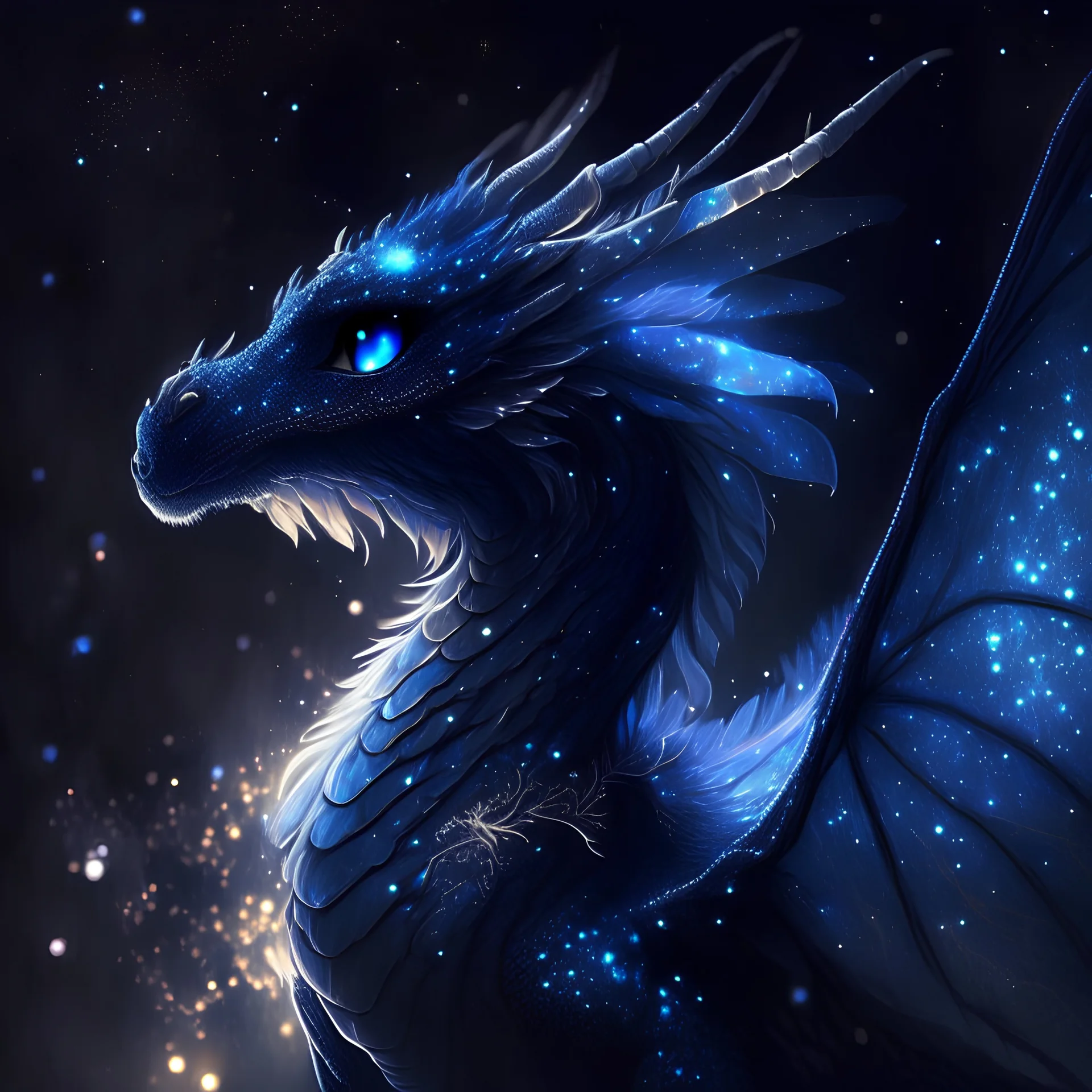 closeup of a friendly soft dragon with wings of feathers, dark blue glowing light, fantasy, magic, dark, stars, sparkle