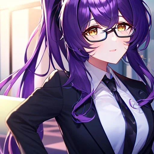 Clear focus, 8k, high quality, detailed, beautiful lighting, girl, vibrant colors, purple long hair, vibrant golden eyes, office clothes, black glasses, messy hair, beautiful eyelashes, ponytail,