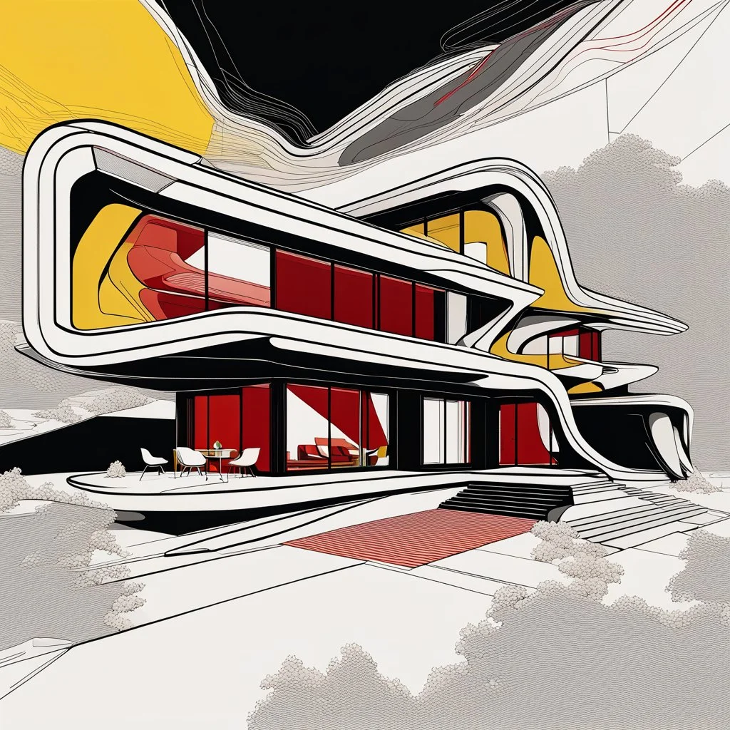 Casa campestre estilo Zaha Hadid arte lineal, calidad ultra 12k, colores negro, rojo y amarillo, fondo negro