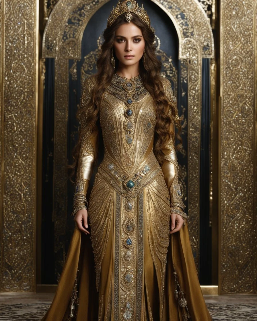 Photography,girl,full body,standing looking front view,brown long hair, long gown dress mechanical,delicate gold ,black morroco caftan and full diamonds colors crystal jewelrys,silver metalic parts, golden parts, intricate armor, detailed part,Movie Still