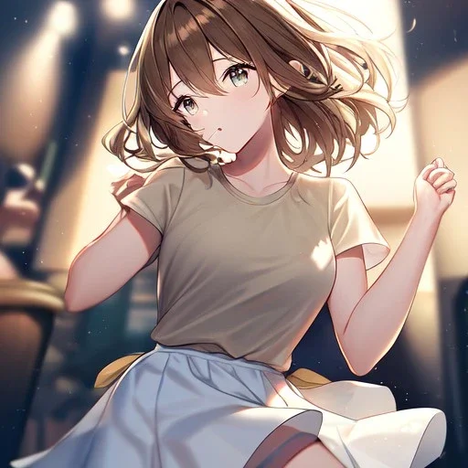 Clear Focus, High resolution, wearing a light brown shirt that is white platted, short tight fluffy hair, brown hair, wearing a white short skirt