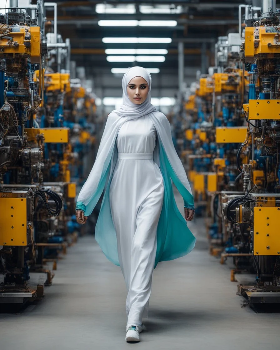 potrait full body cinematography colors a beautiful face woman hijab humanoid hijab robot mechanical walking in between two rows of complex machinery with vibrant colors