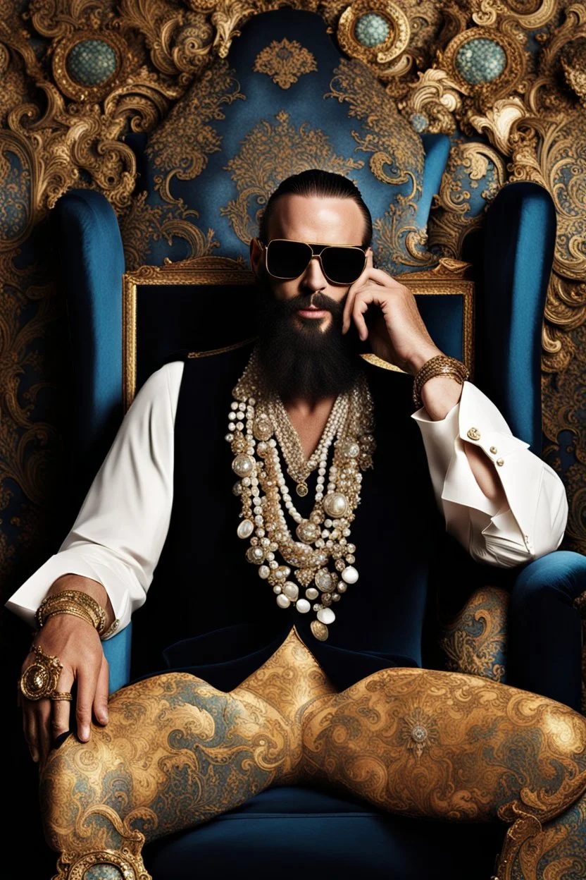 Artistic photo in the audacious style of Jill Greenberg, of man with a luxurious and striking style, abundance of jewelry, oversized square one-piece sunglasses,black beard, prints, extravagant, baroque scene , impasto style with thick textured strokes